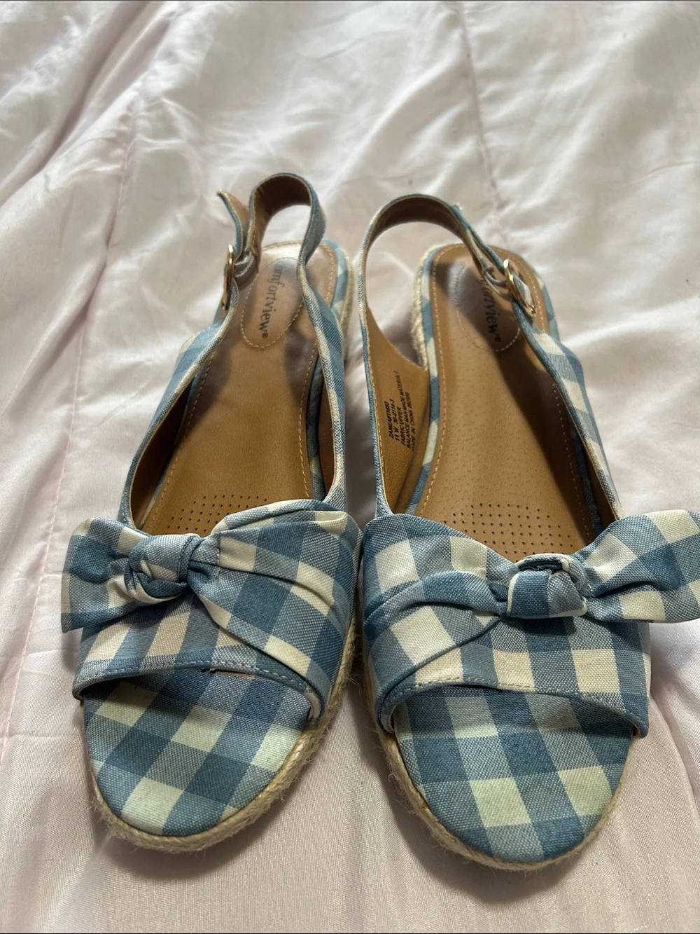 comfortview Blue and White Gingham Bow Slingback Espadrilles Size 11W